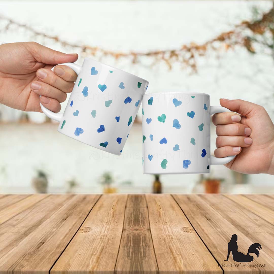 Mug - Blue Watercolor Hearts on White