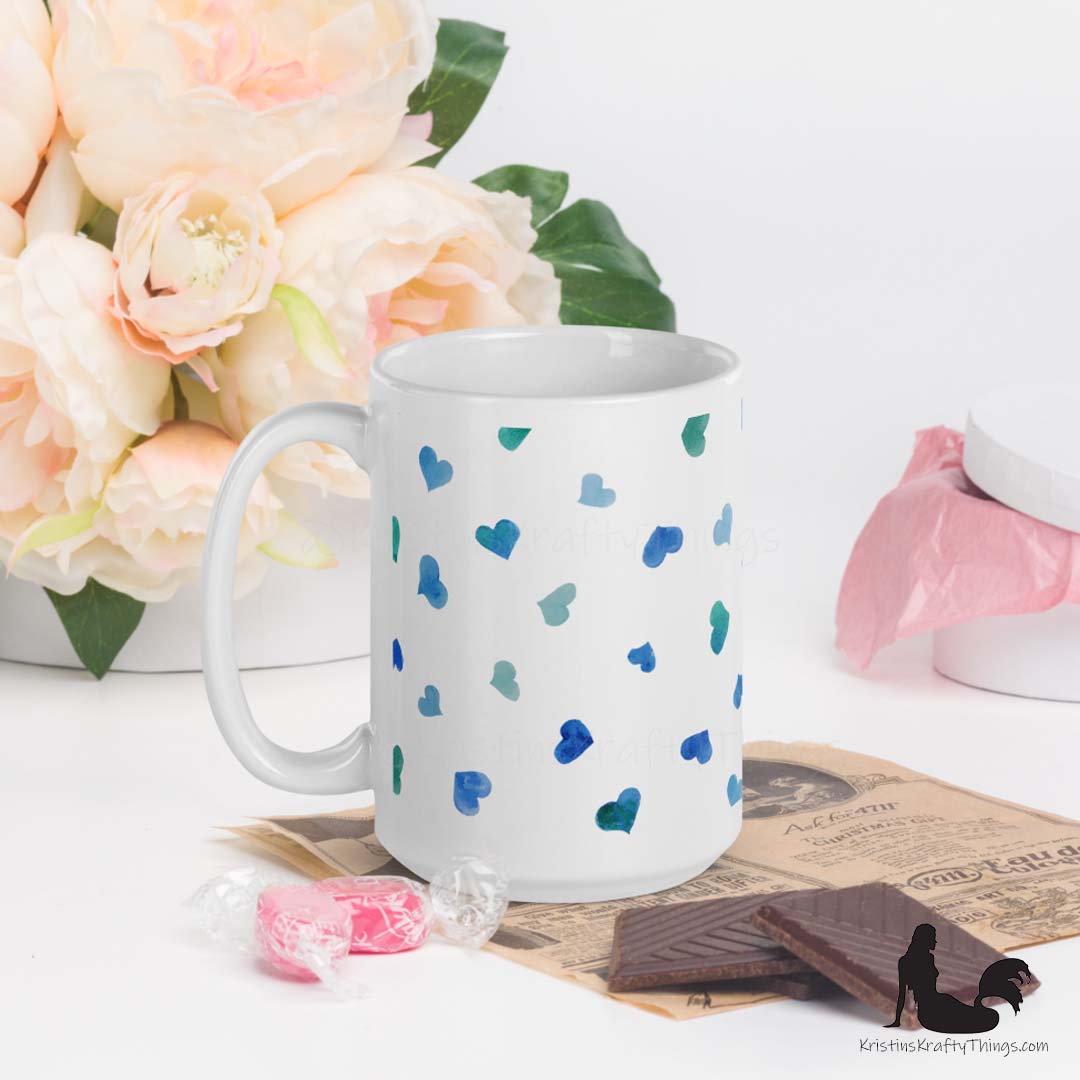 Mug - Blue Watercolor Hearts on White