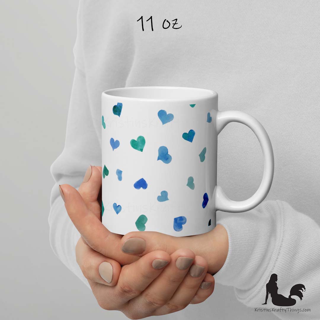 Mug - Blue Watercolor Hearts on White