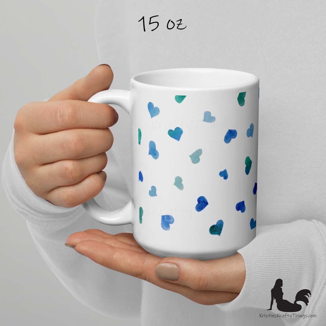 Mug - Blue Watercolor Hearts on White