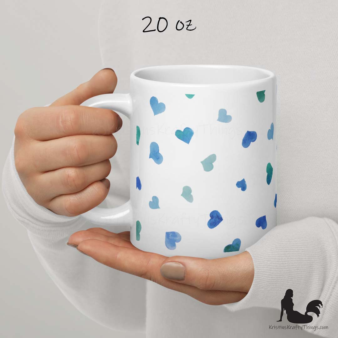 Mug - Blue Watercolor Hearts on White
