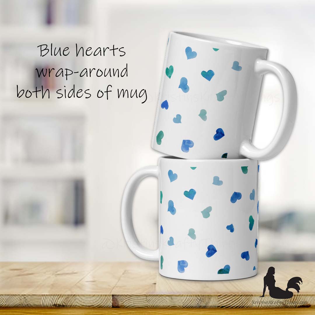 Mug - Blue Watercolor Hearts on White