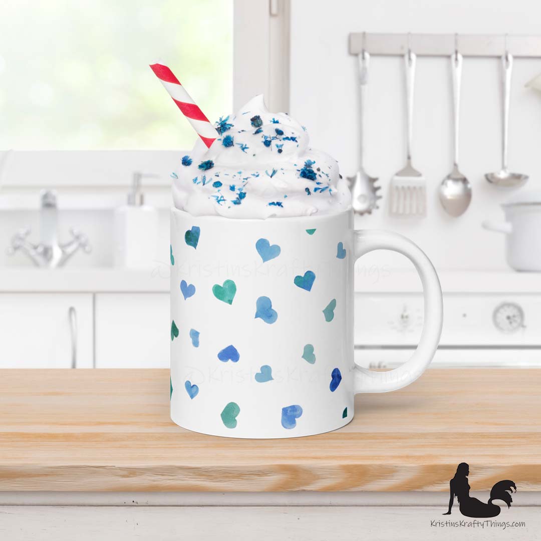 Mug - Blue Watercolor Hearts on White