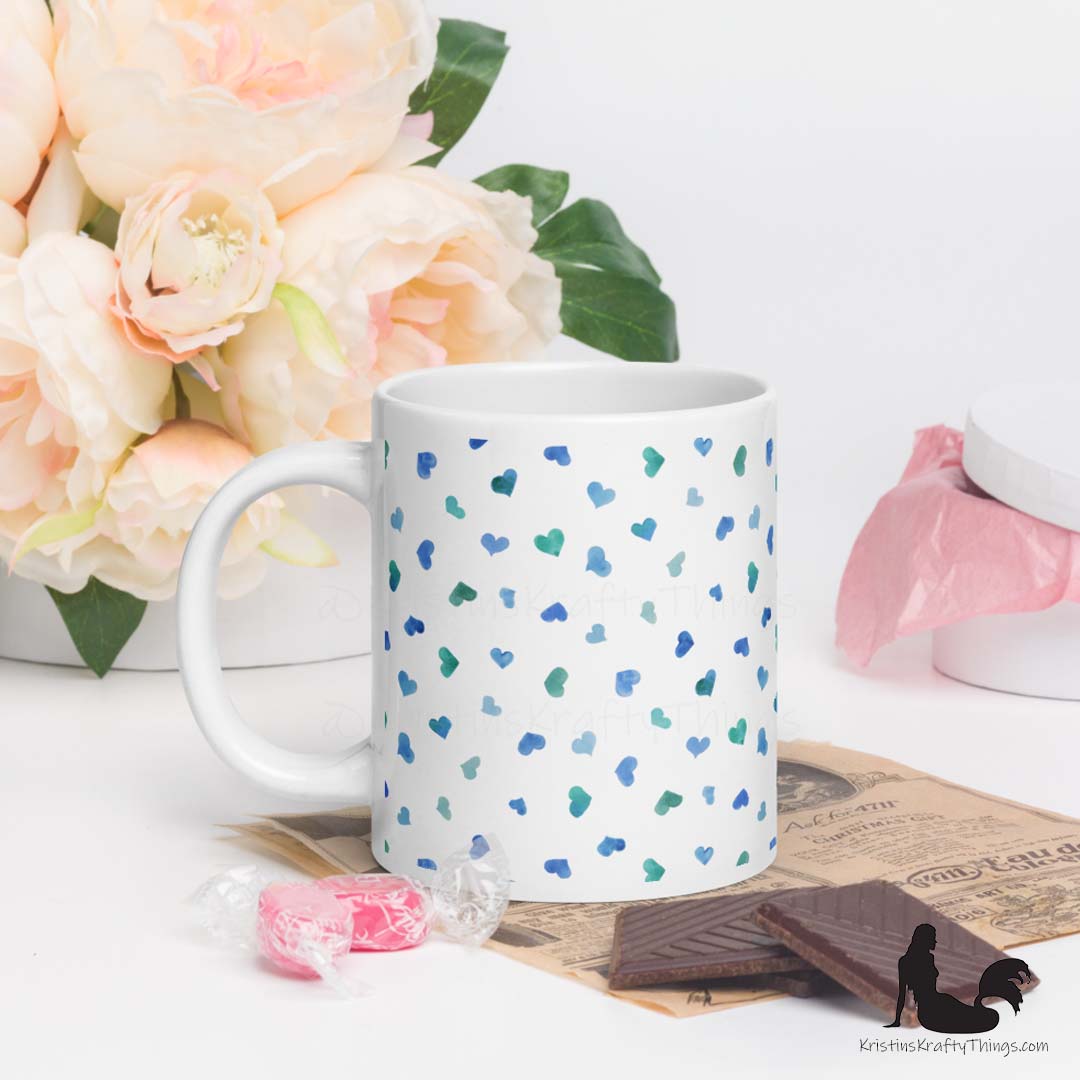 Mug - Blue Watercolor Hearts Small on White