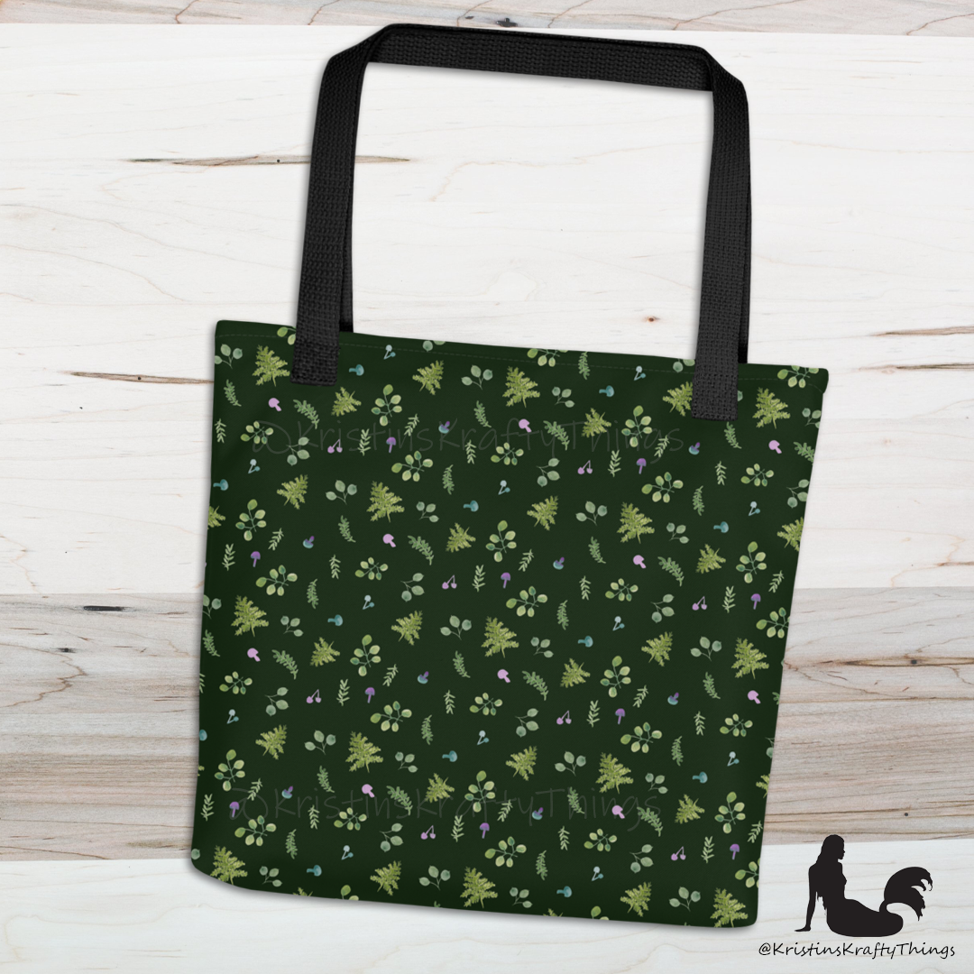 Tote Bag - Woodland Ferns and Mushrooms on Dark Green