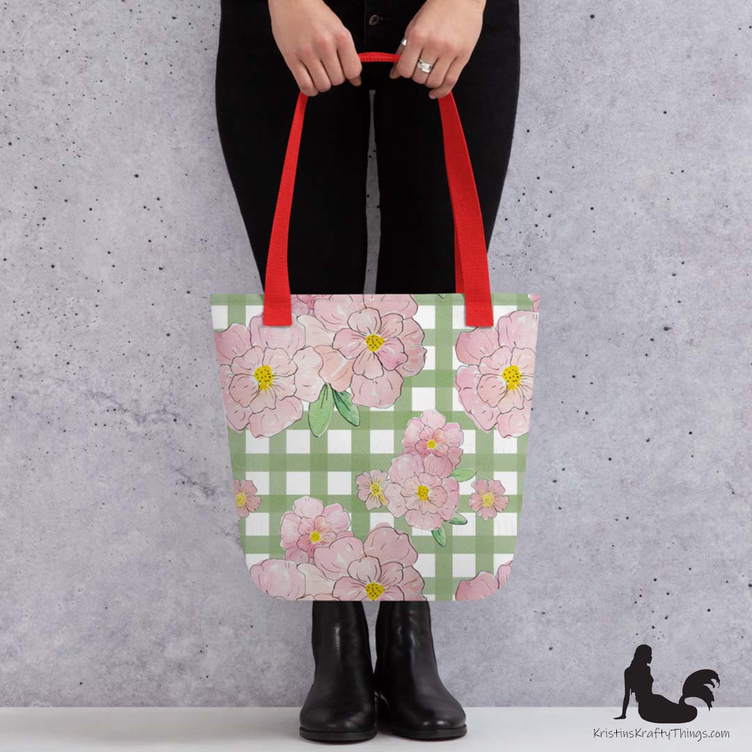 Tote Bag - Pink Flowers on Green Gingham