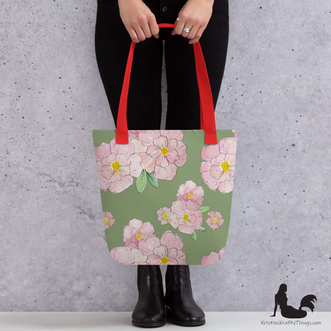 Tote Bag - Pink Flowers on Green