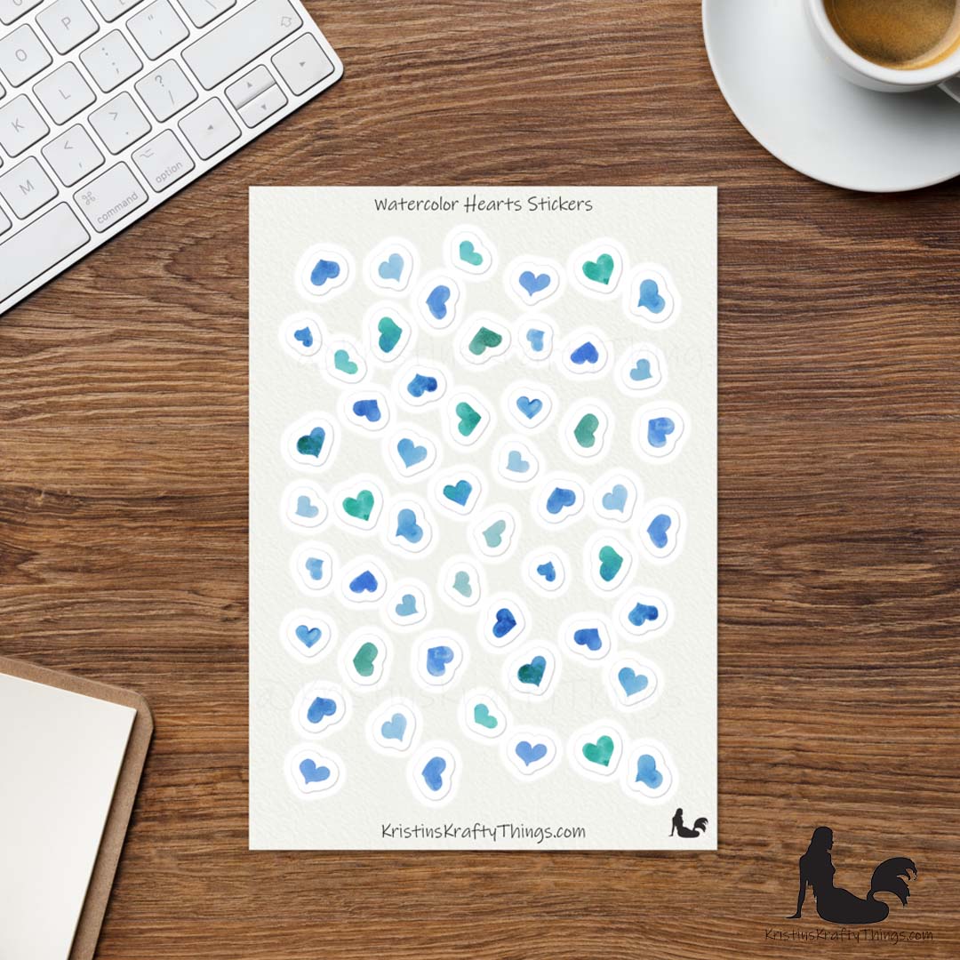 Sticker Sheet - Blue Watercolor Hearts Stickers