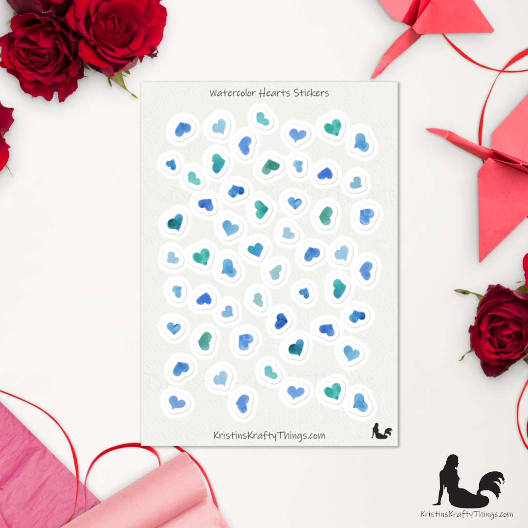 Sticker Sheet - Blue Watercolor Hearts Stickers