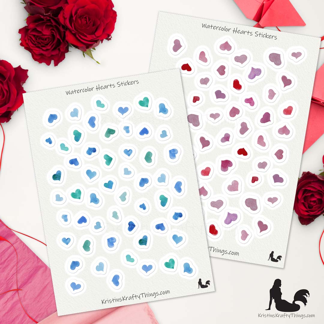 Sticker Sheet - Set of Blue and Pink Watercolor Hearts