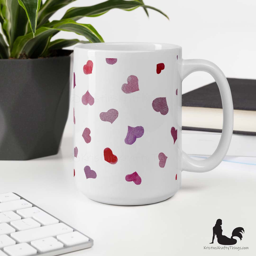 Mug - Pink Watercolor Hearts on White