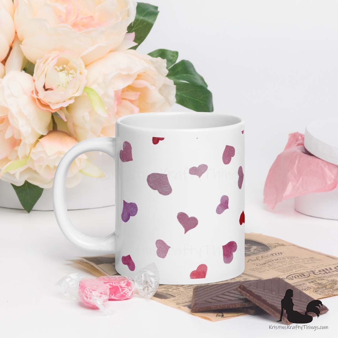 Mug - Pink Watercolor Hearts on White