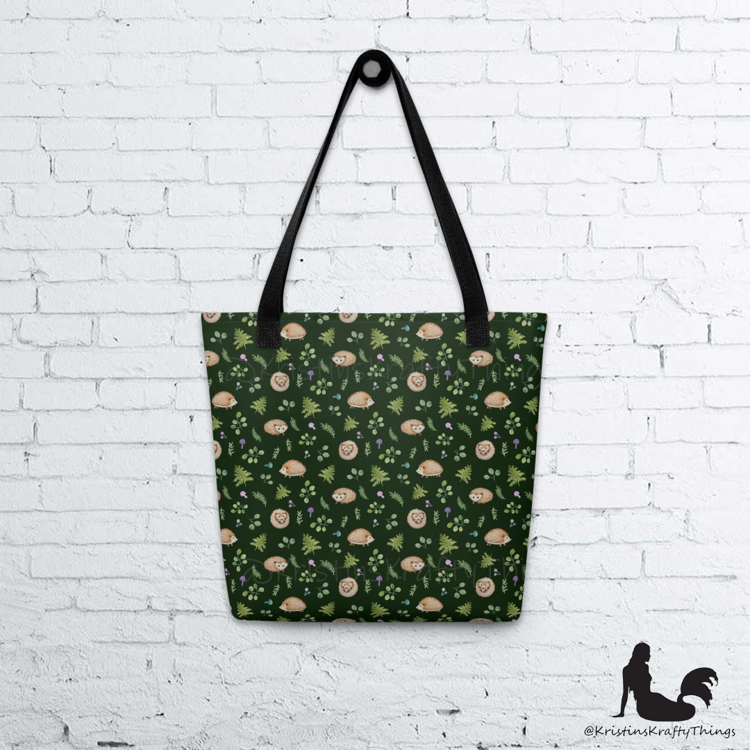 Tote Bag - Woodland Hedgehogs Ferns and Mushrooms on Dark Green