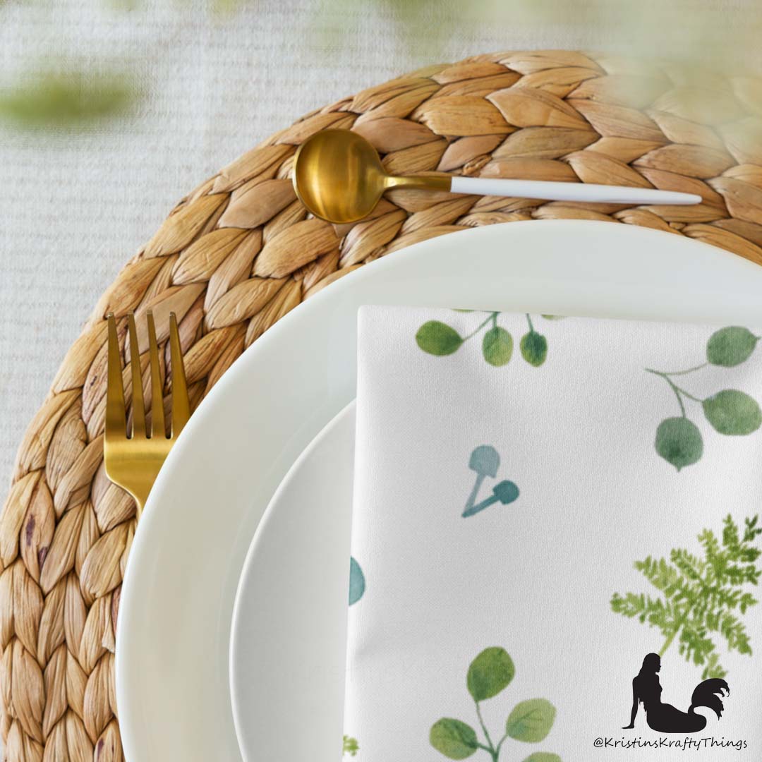 Dining - Woodland Ferns and Mushrooms White Cloth Napkin Set of 4