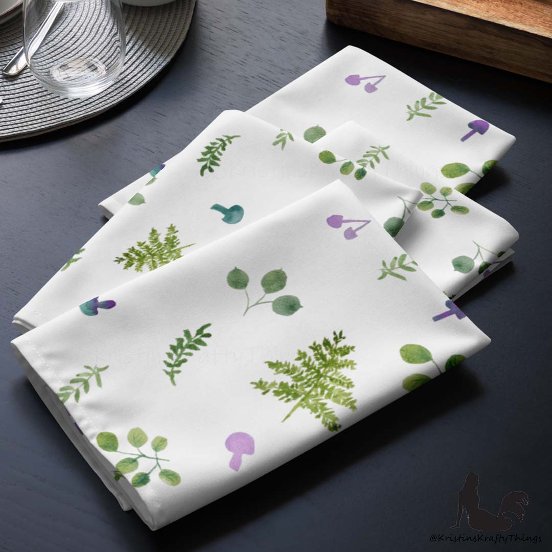 Dining - Woodland Ferns and Mushrooms White Cloth Napkin Set of 4