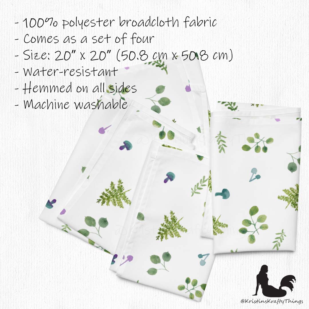 Dining - Woodland Ferns and Mushrooms White Cloth Napkin Set of 4