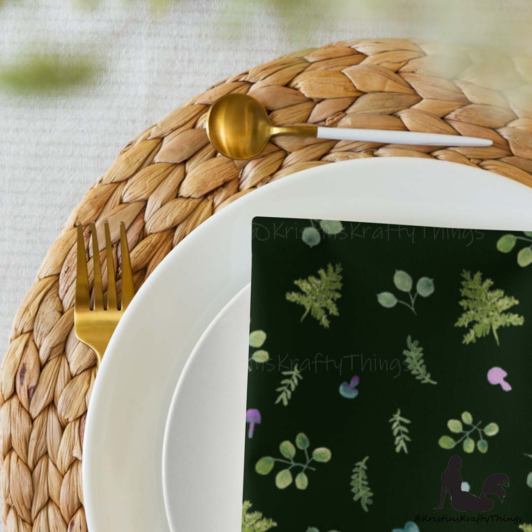 Dining - Woodland Ferns and Mushrooms Dk Green Cloth Napkin Set of 4