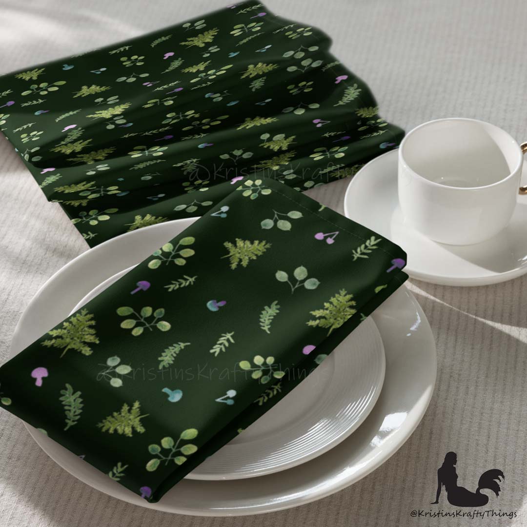 Dining - Woodland Ferns and Mushrooms Dk Green Cloth Napkin Set of 4
