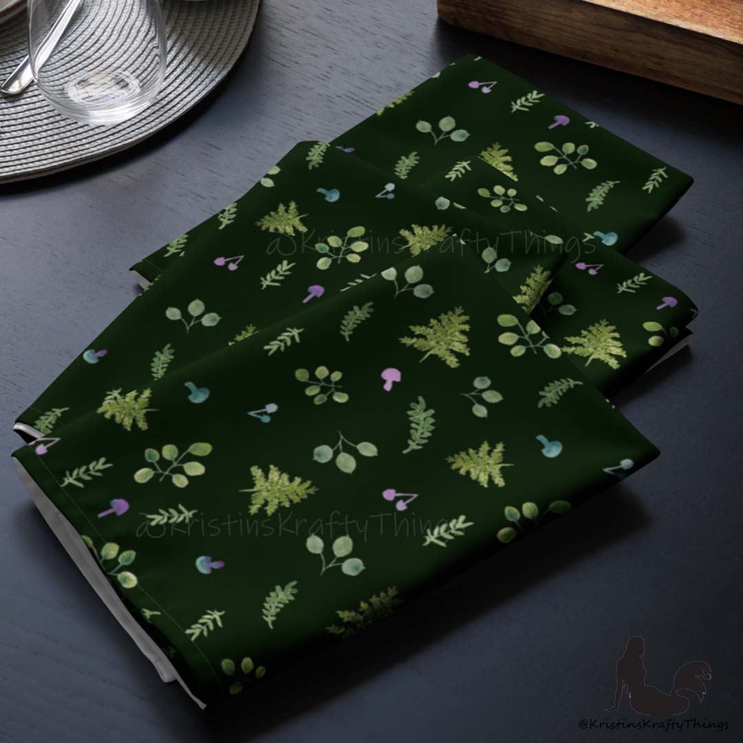 Dining - Woodland Ferns and Mushrooms Dk Green Cloth Napkin Set of 4