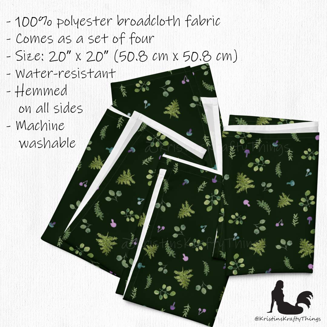 Dining - Woodland Ferns and Mushrooms Dk Green Cloth Napkin Set of 4