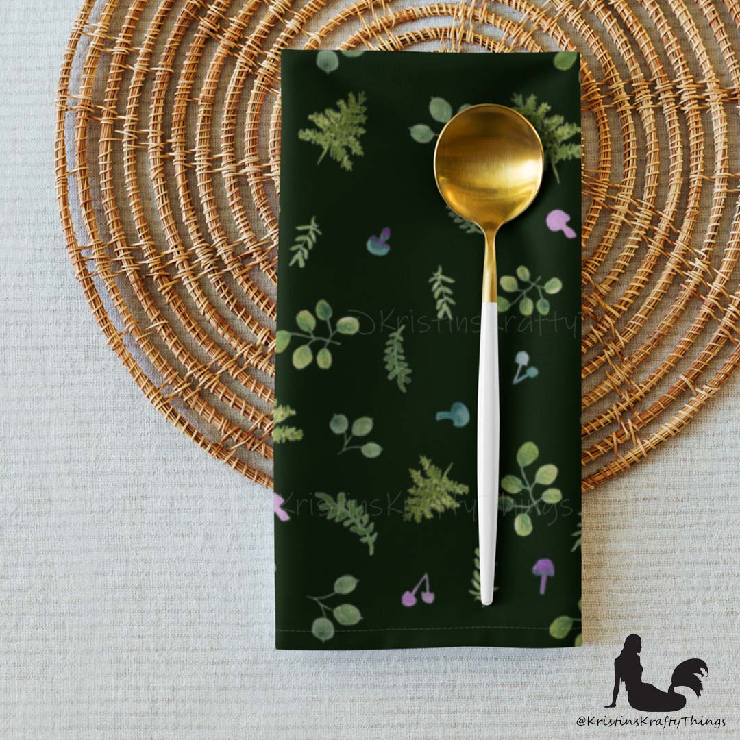 Dining - Woodland Ferns and Mushrooms Dk Green Cloth Napkin Set of 4
