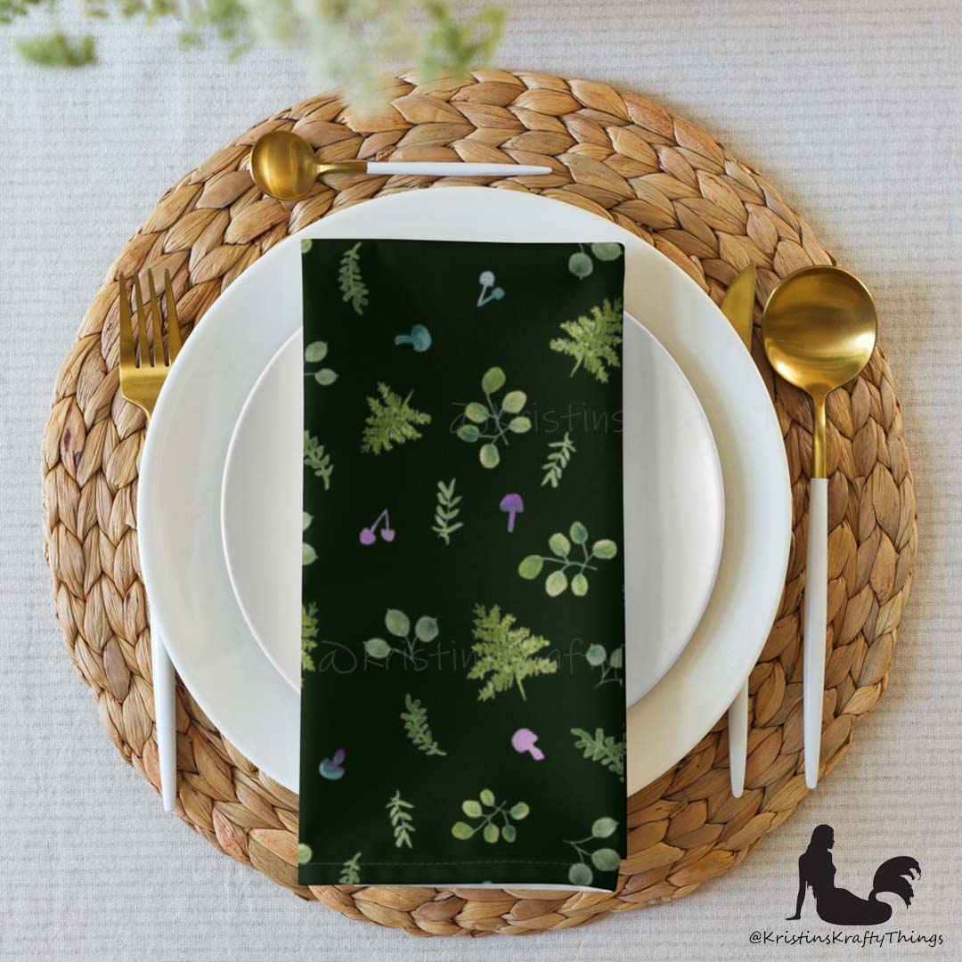 Dining - Woodland Ferns and Mushrooms Dk Green Cloth Napkin Set of 4