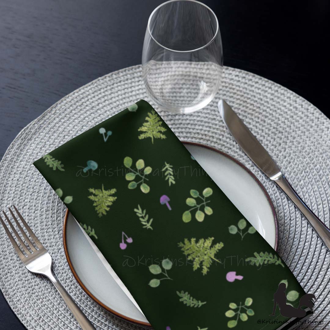 Dining - Woodland Ferns and Mushrooms Dk Green Cloth Napkin Set of 4