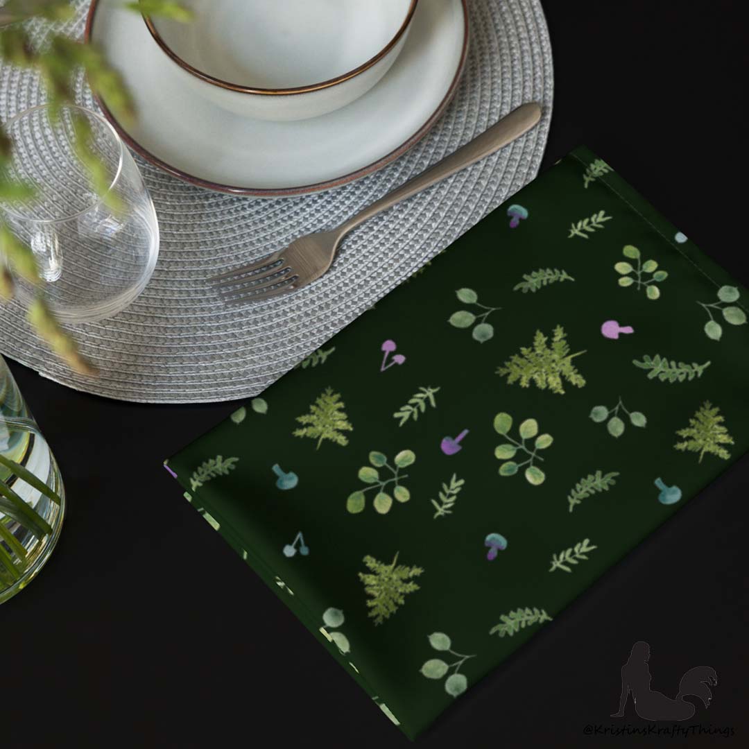 Dining - Woodland Ferns and Mushrooms Dk Green Cloth Napkin Set of 4