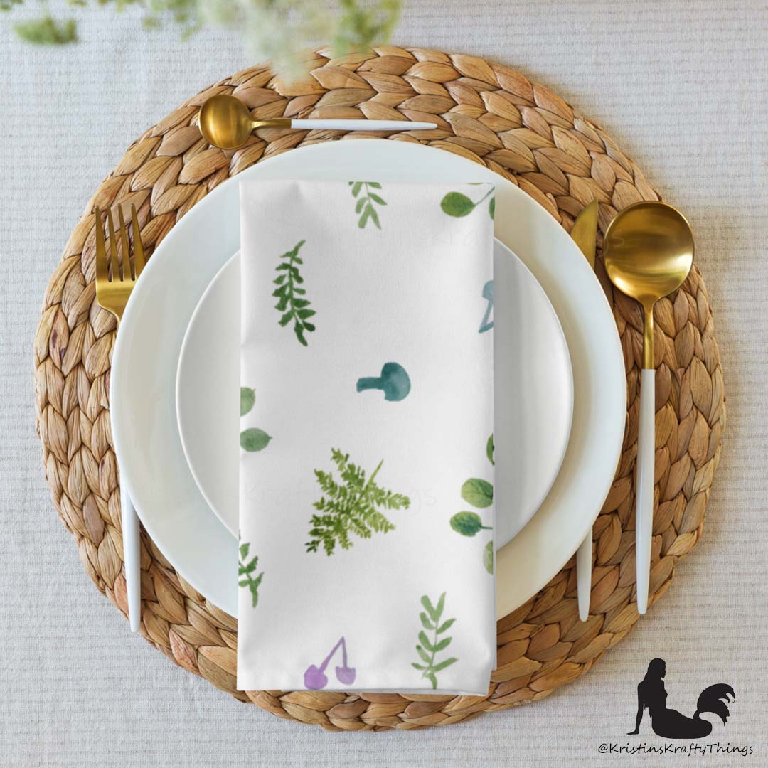 Dining - Woodland Ferns and Mushrooms White Cloth Napkin Set of 4