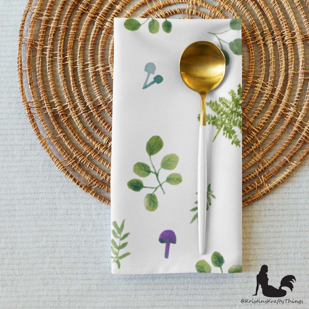 Dining - Woodland Ferns and Mushrooms White Cloth Napkin Set of 4