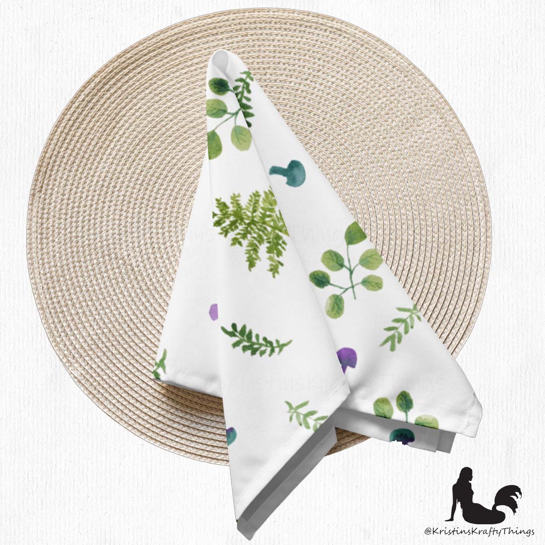 Dining - Woodland Ferns and Mushrooms White Cloth Napkin Set of 4