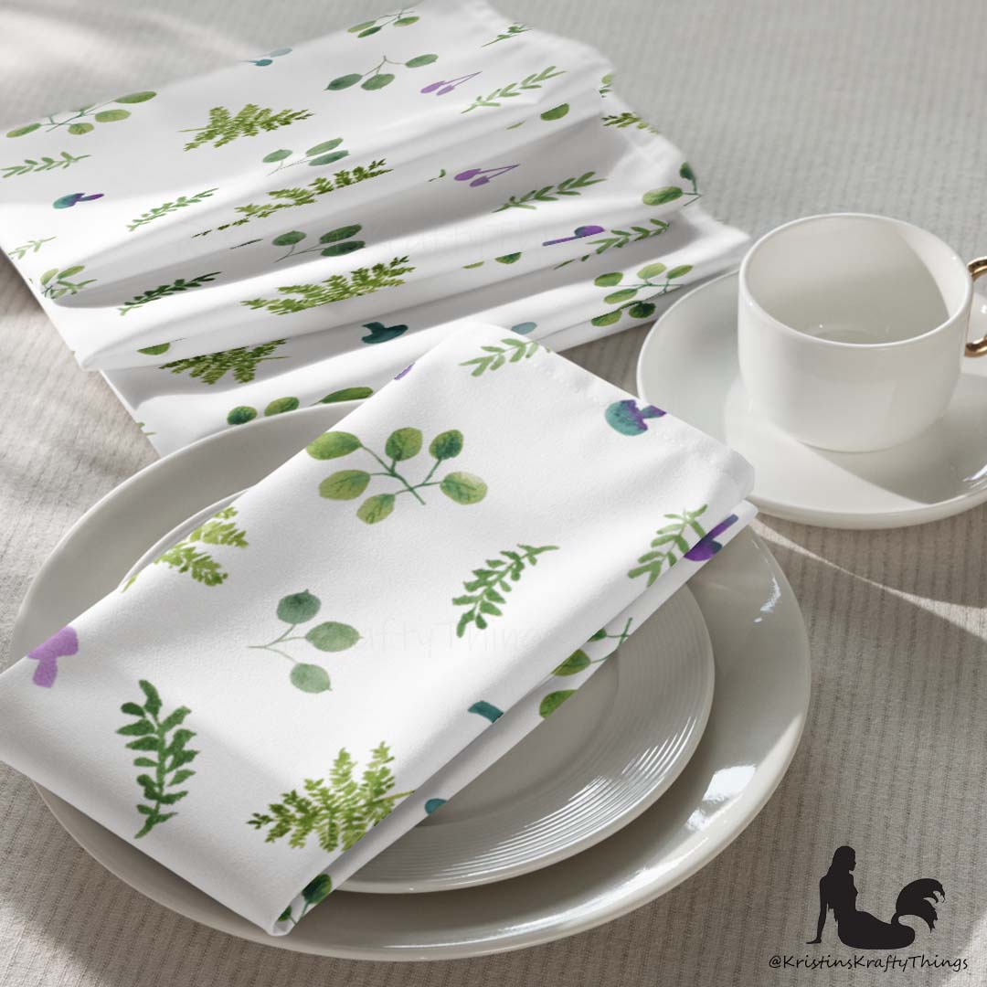 Dining - Woodland Ferns and Mushrooms White Cloth Napkin Set of 4