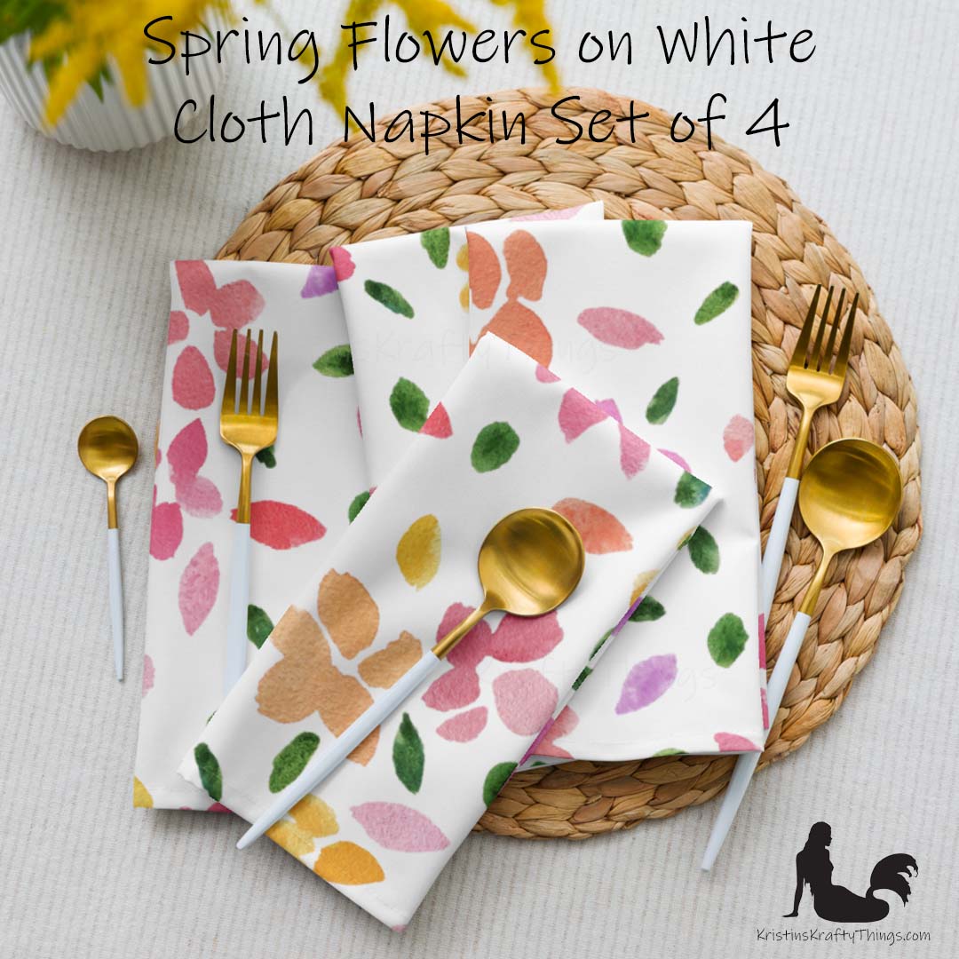 Dining - Spring Flowers on White Cloth Napkin Set of 4