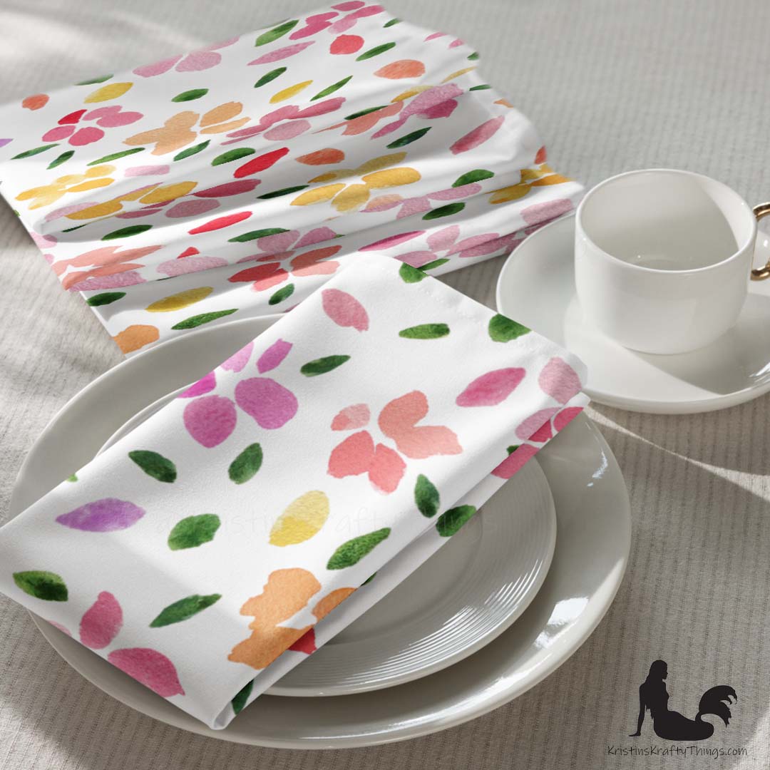 Dining - Spring Flowers on White Cloth Napkin Set of 4