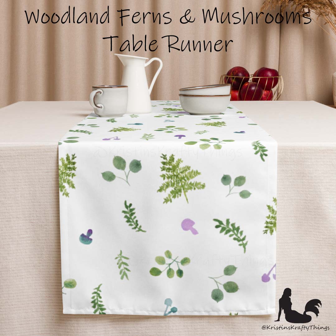 Dining - Woodland Ferns and Mushrooms White Table Runner