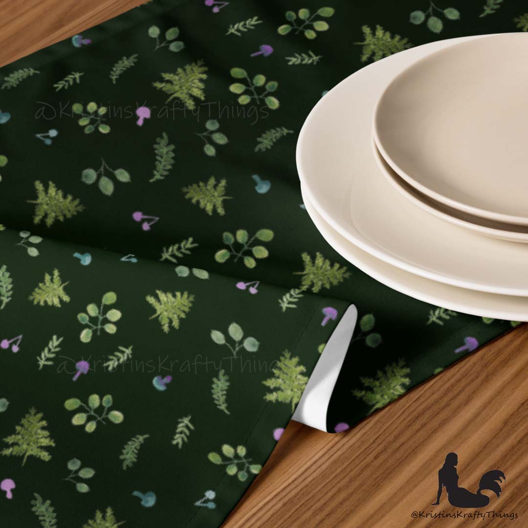 Dining - Woodland Ferns and Mushrooms Dk Green Table Runner