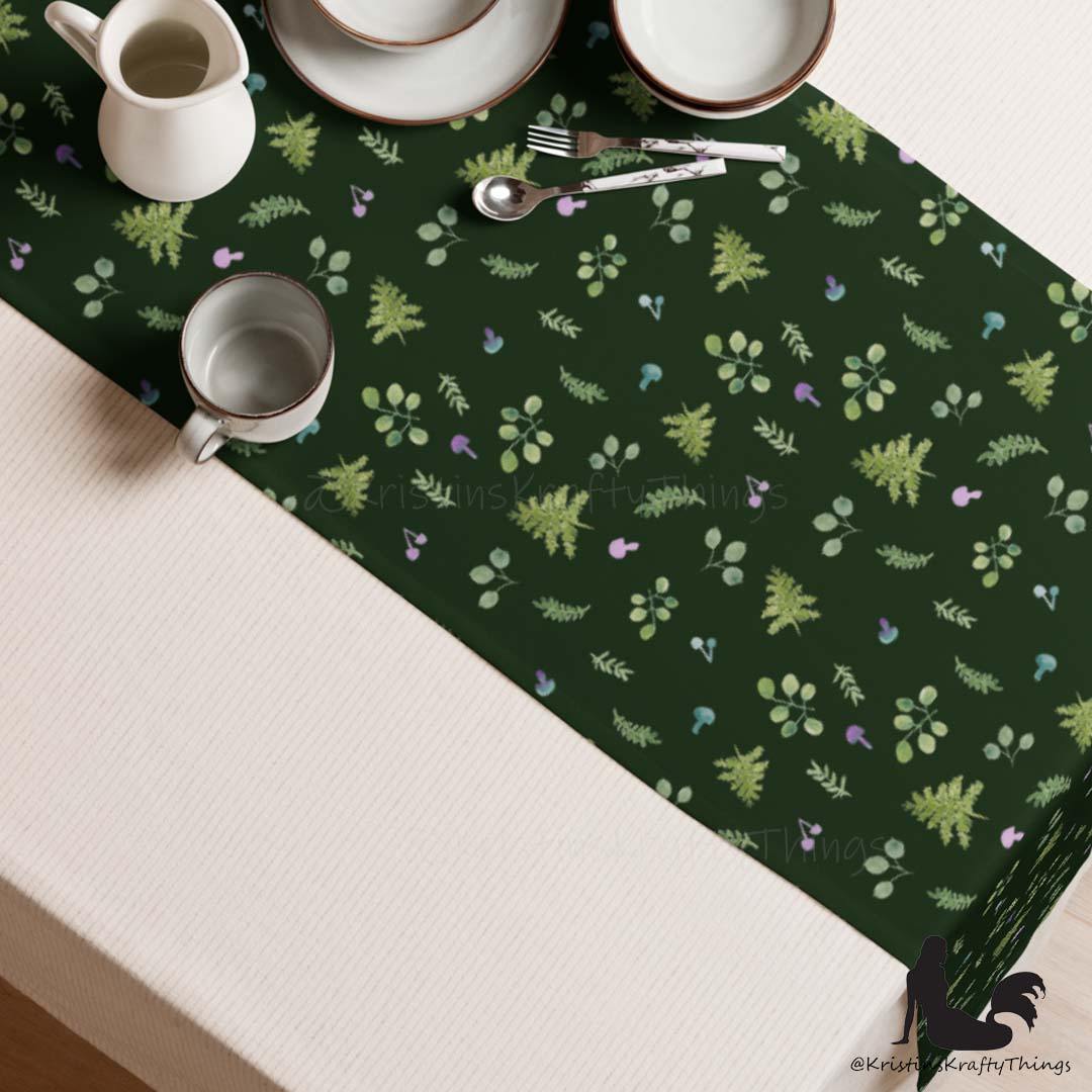 Dining - Woodland Ferns and Mushrooms Dk Green Table Runner