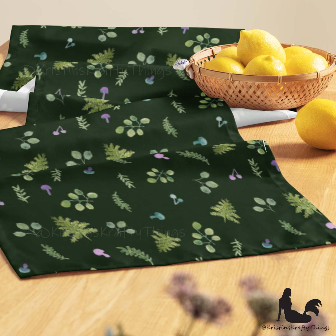 Dining - Woodland Ferns and Mushrooms Dk Green Table Runner