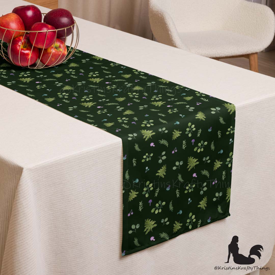 Dining - Woodland Ferns and Mushrooms Dk Green Table Runner