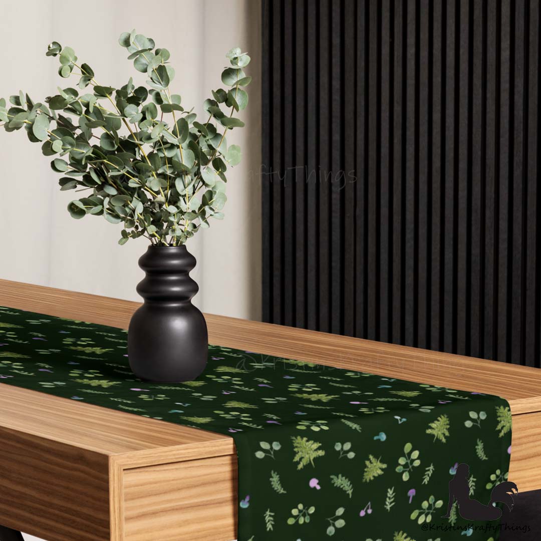 Dining - Woodland Ferns and Mushrooms Dk Green Table Runner