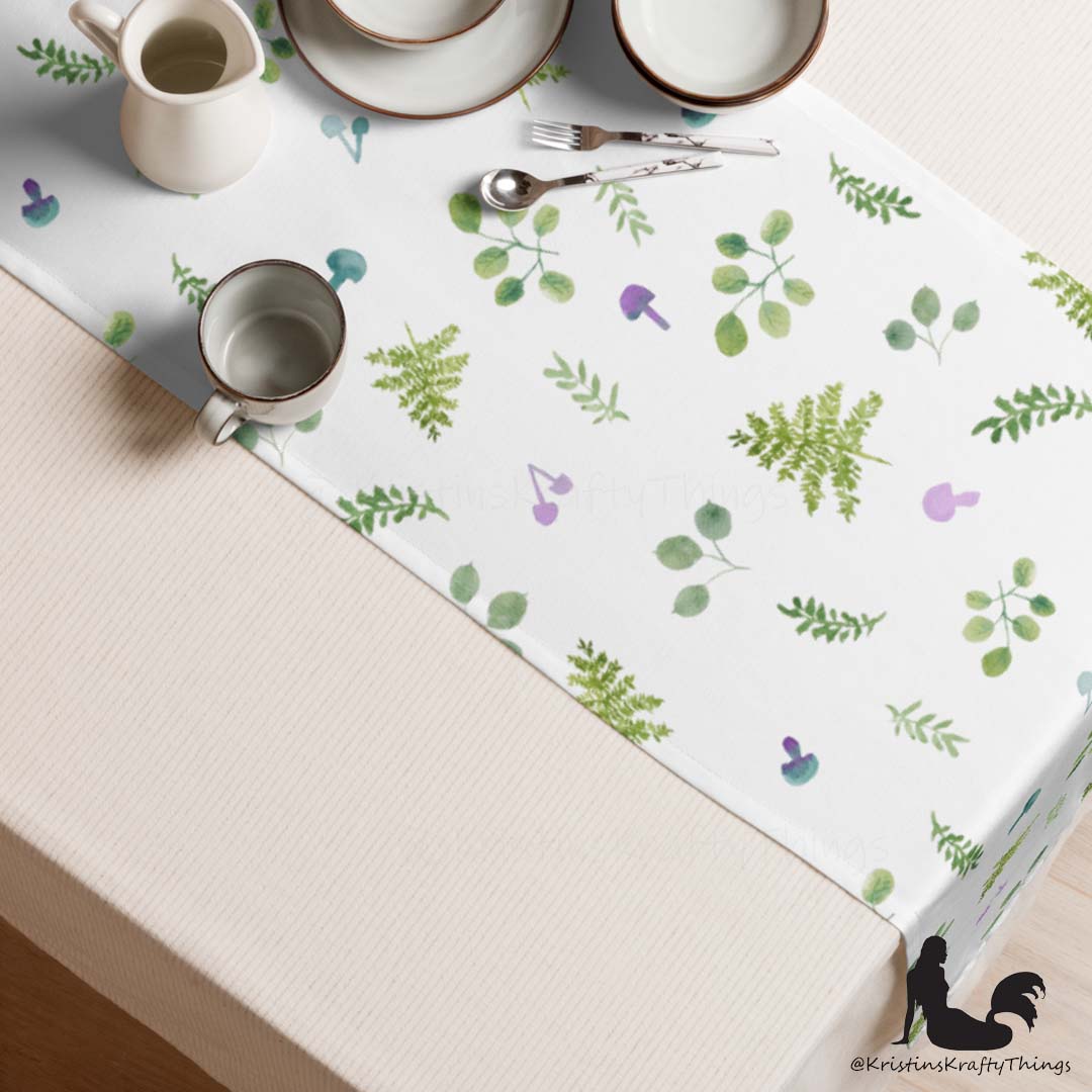Dining - Woodland Ferns and Mushrooms White Table Runner
