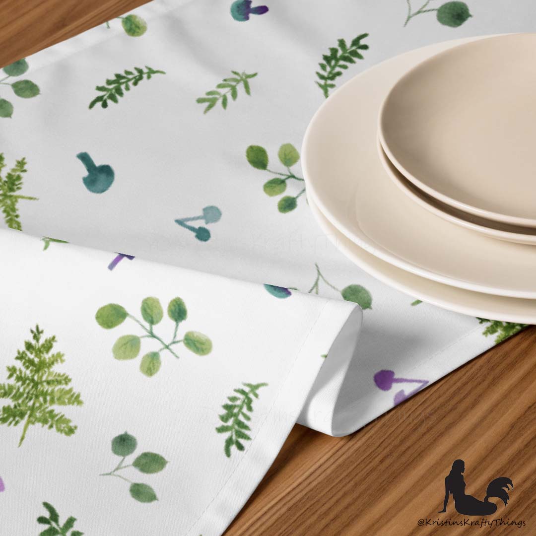 Dining - Woodland Ferns and Mushrooms White Table Runner