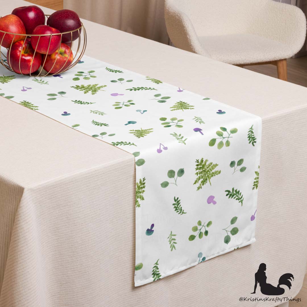 Dining - Woodland Ferns and Mushrooms White Table Runner