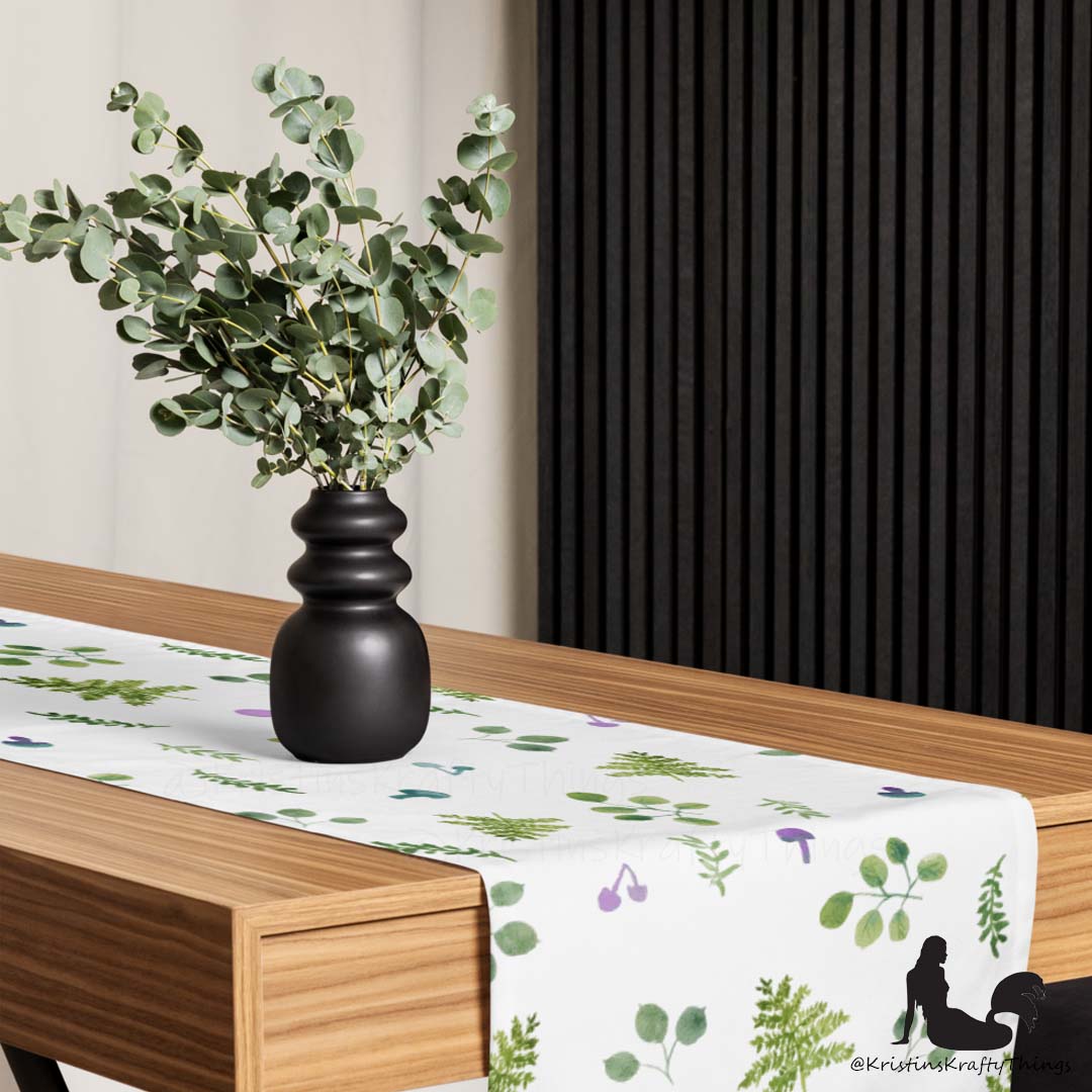 Dining - Woodland Ferns and Mushrooms White Table Runner