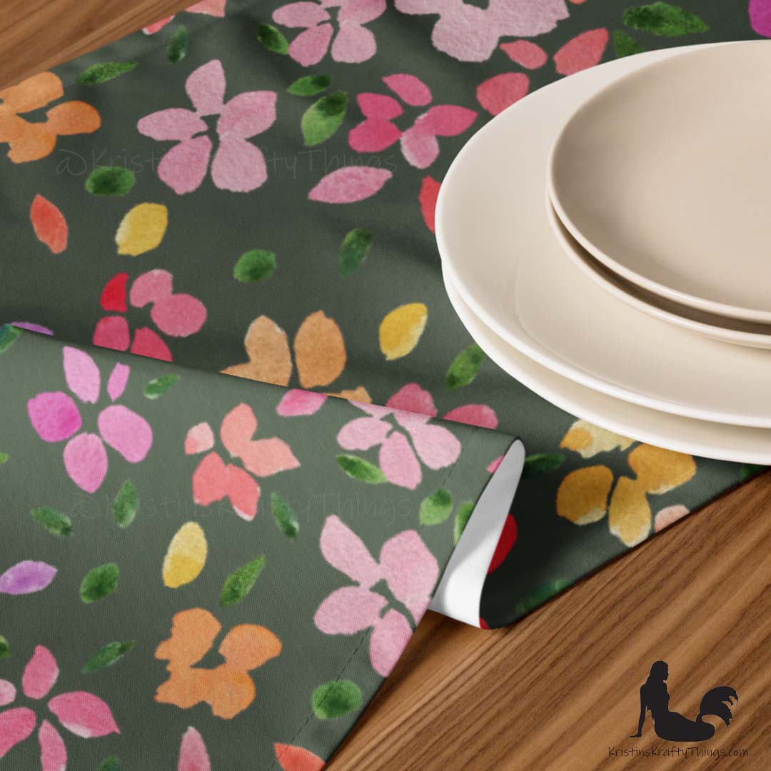 Dining - Spring Flowers on Olive Green Table Runner