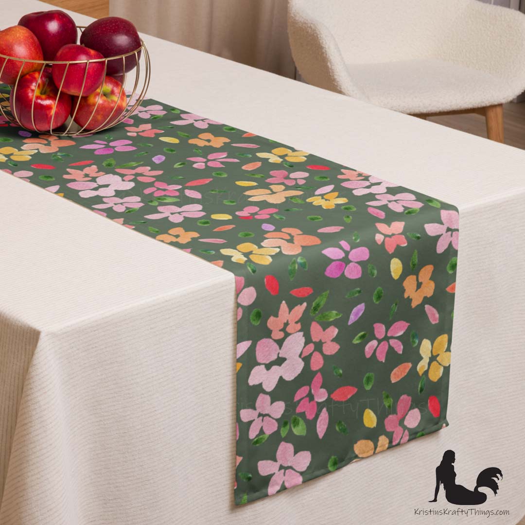 Dining - Spring Flowers on Olive Green Table Runner