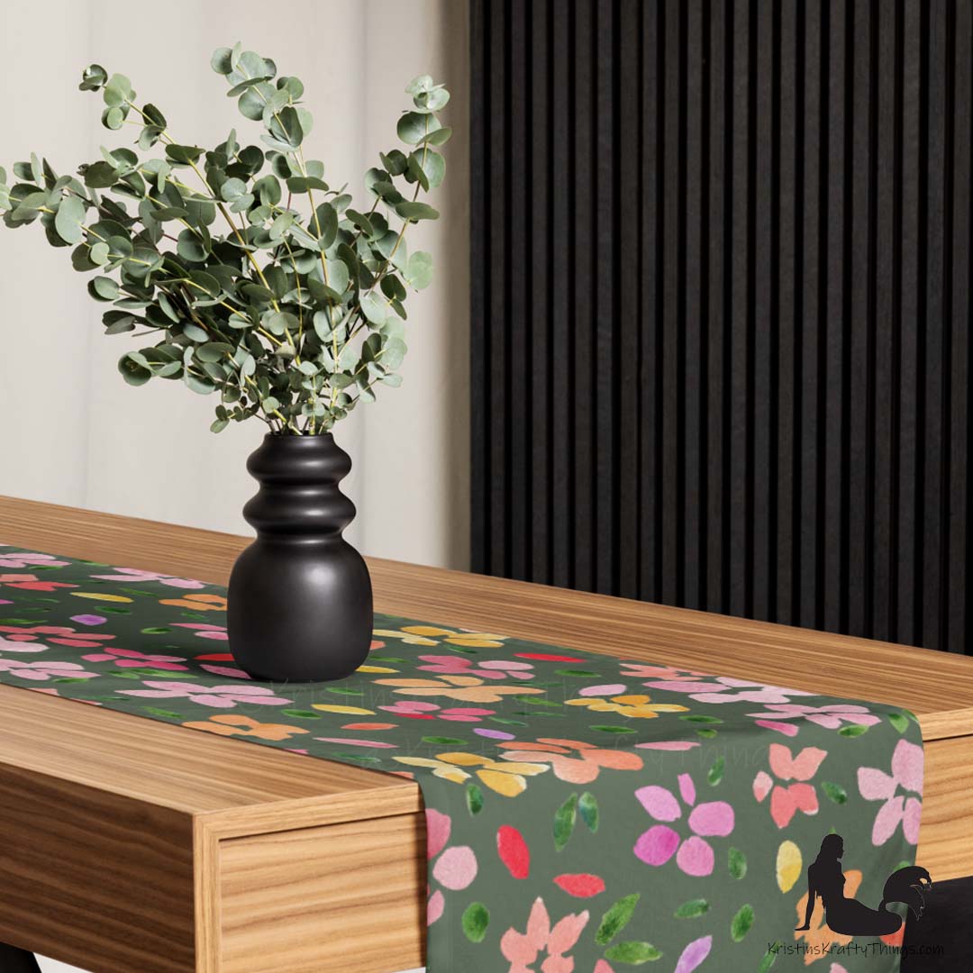 Dining - Spring Flowers on Olive Green Table Runner