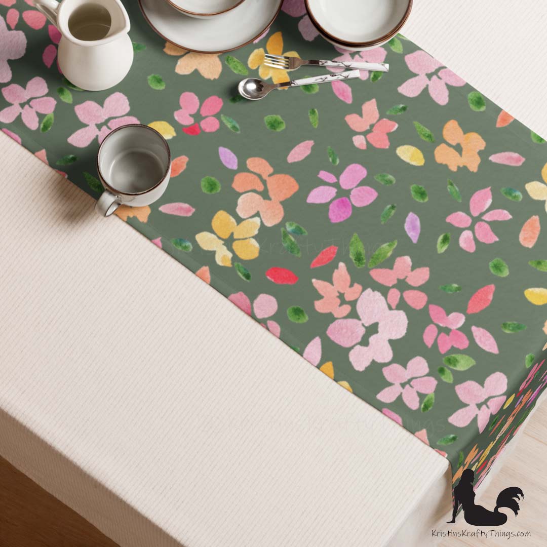 Dining - Spring Flowers on Olive Green Table Runner