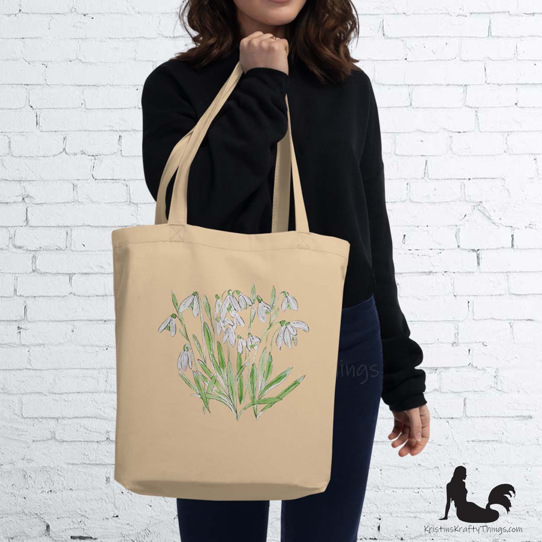 Cotton Eco Tote Bag - Snowdrop Watercolor and Ink Flowers