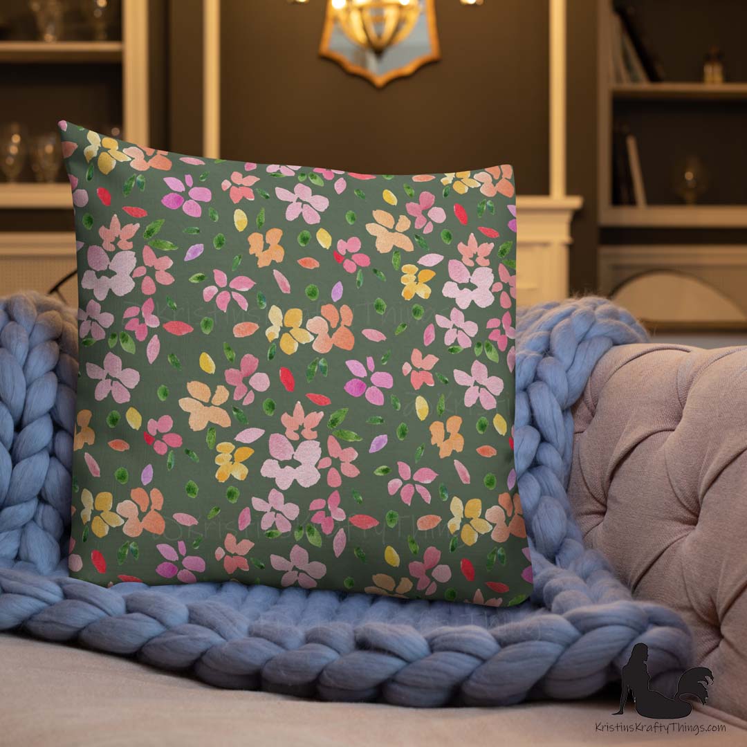 Home - Spring Flowers on Olive Green Premium Pillow Case
